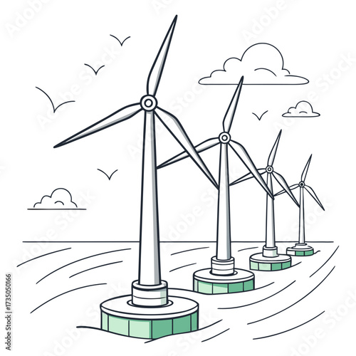 Offshore wind farm with turbines generating clean renewable energy on a calm sea with birds flying above