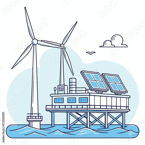 Offshore wind turbine and solar panels on a platform in the ocean generating clean renewable energy