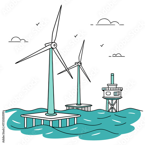 Offshore wind turbines and a substation stand on platforms in the ocean with stylized waves and clouds above