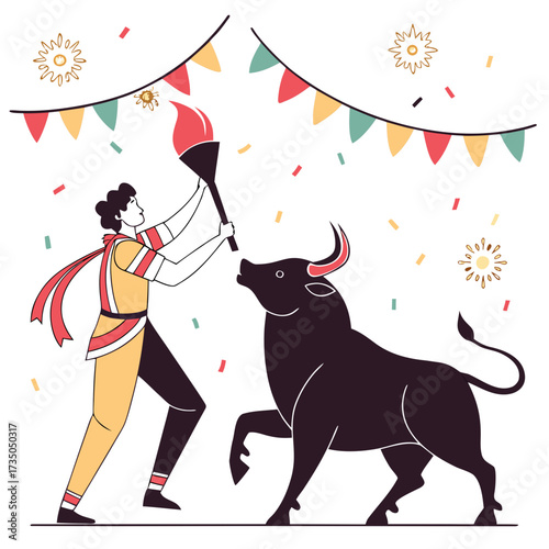 Person holding a torch confronting a bull during a festive celebration with confetti and flags