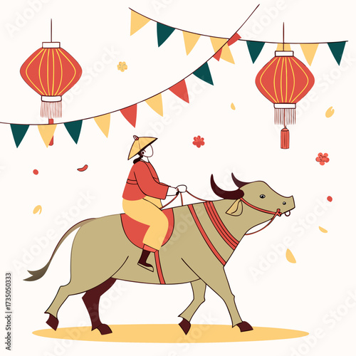 Person wearing conical hat riding a water buffalo with festive lanterns and flags in a celebratory scene