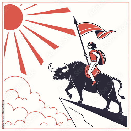 Powerful woman warrior riding a bull holding a flag on a cliff under a rising sun
