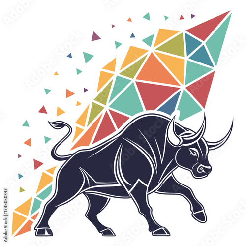 Powerful dark bull charging forward with a vibrant abstract geometric pattern of colorful triangles expanding upwards