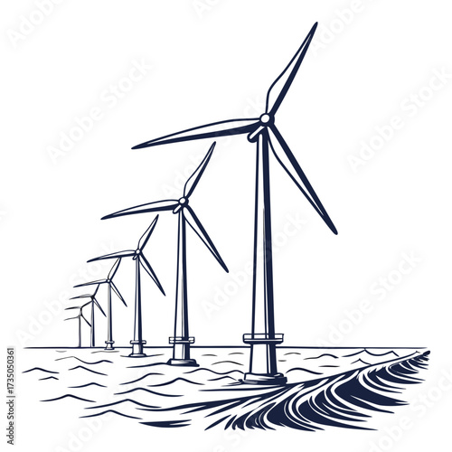Row of offshore wind turbines generating clean renewable energy in the ocean on a white background