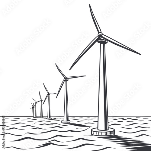Row of offshore wind turbines generating clean renewable energy in the ocean waves