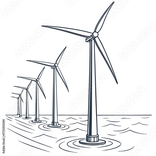 Row of offshore wind turbines generating clean renewable energy in the ocean with stylized waves