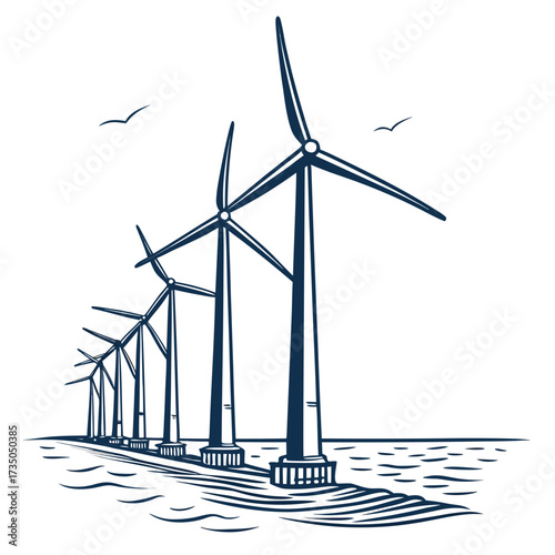 Row of wind turbines generating clean energy on the ocean with birds flying overhead in a stylized illustration