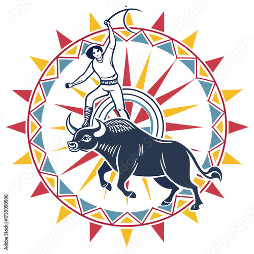Stylized illustration of a bull rider performing a daring feat within a colorful sunburst and geometric mandala design