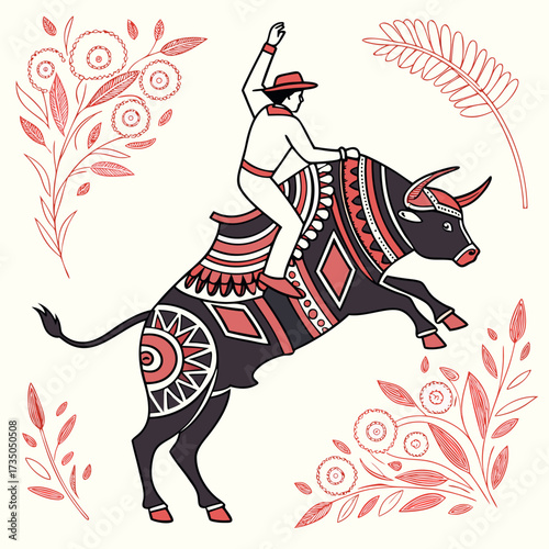 Stylized illustration of a bull rider in traditional attire on a decorated bull with floral elements