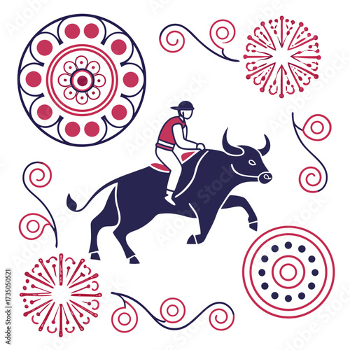 Stylized illustration of a bull rider in traditional attire surrounded by decorative circular and swirling motifs in red and blue