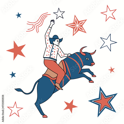 Stylized illustration of a cowboy riding a bucking bull surrounded by red and blue stars and abstract shapes