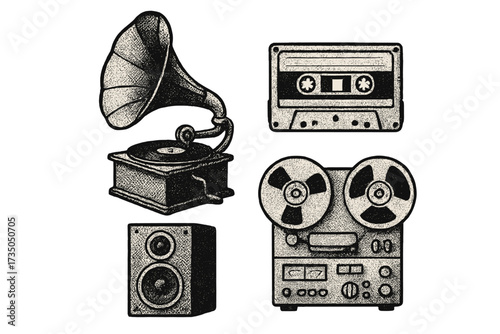 Vintage gramophone cassette tape speaker reel-to-reel tape recorder in halftone dot style, retro music concept, antique audio equipment collection, nostalgic sound technology vector set