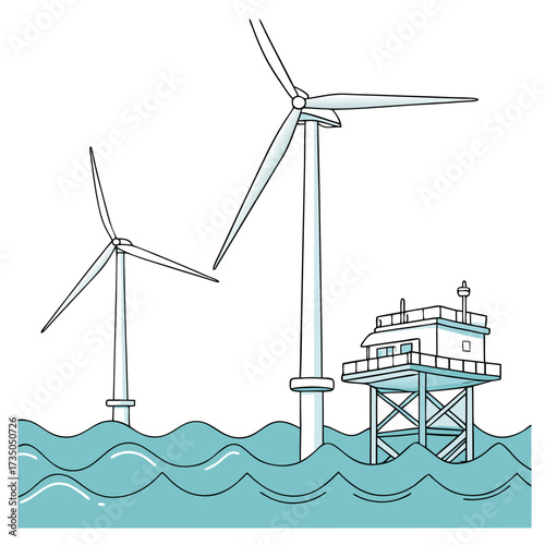 Stylized illustration of offshore wind turbines and a substation structure in blue ocean waves against a white background