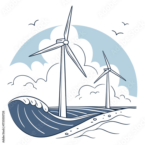 Stylized illustration of offshore wind turbines generating clean energy on a wavy ocean under a cloudy sky with birds