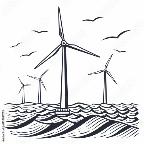 Stylized illustration of offshore wind turbines generating clean energy amidst wavy ocean waters and flying birds