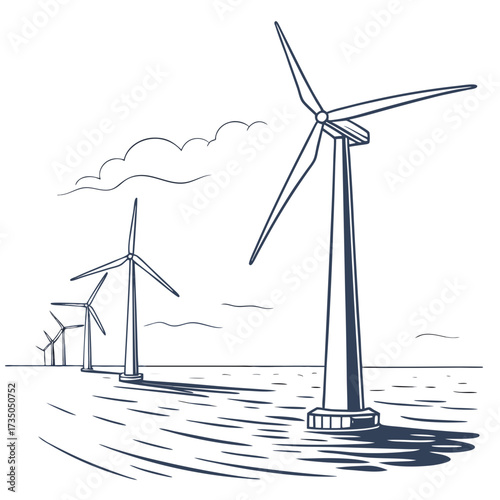 Stylized illustration of offshore wind turbines generating clean energy on a calm sea with clouds in the sky
