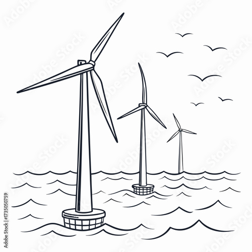 Stylized illustration of three offshore wind turbines generating clean energy in the ocean with birds flying overhead