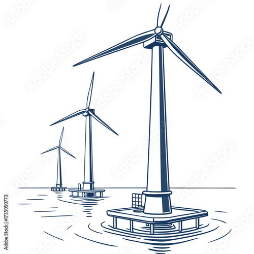 Stylized illustration of offshore wind turbines generating clean renewable energy in the ocean water