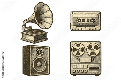 Vintage gramophone, cassette tape, speaker, reel-to-reel tape recorder in halftone dot style, retro music concept, antique audio equipment collection, nostalgic sound technology vector set