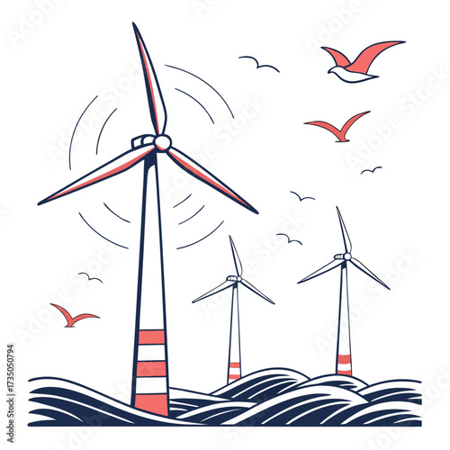 Stylized illustration of offshore wind turbines generating clean energy with seagulls flying overhead against a white background