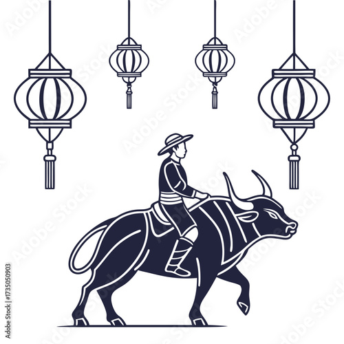 Traditional asian farmer wearing a conical hat riding a water buffalo under hanging lanterns