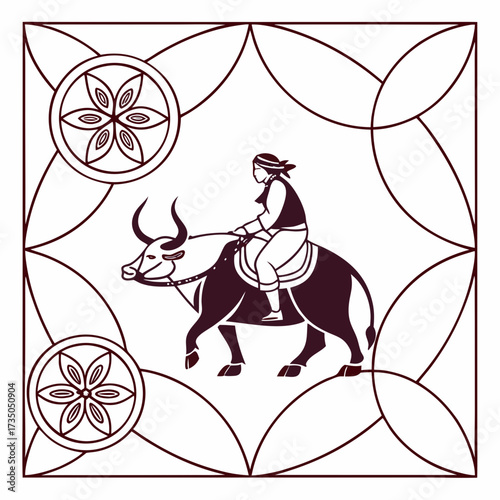Traditional asian farmer riding a water buffalo with decorative floral motifs in a stylized border