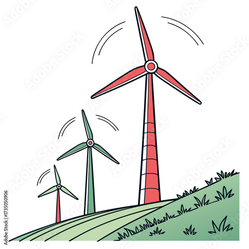 Three wind turbines of varying sizes stand on a grassy hill generating clean renewable energy on a bright day