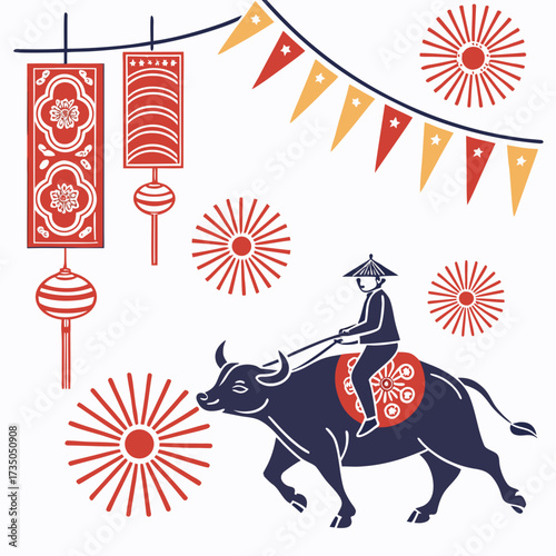 Traditional asian farmer riding a water buffalo with festive lanterns and sunburst decorations during a celebration