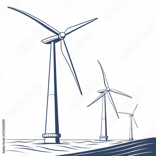 Three wind turbines stand tall on a wavy landscape under a clear sky symbolizing renewable energy generation