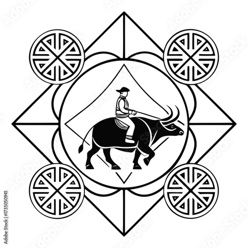 Traditional black and white illustration of a farmer riding a water buffalo within a geometric mandala design