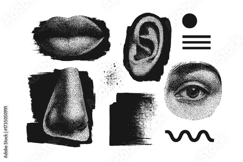 Retro halftone collage of woman lips, ear, nose, and eye with minimalistic brutalism design, dotted texture elements, vintage photocopy effect, mixed media abstract decor