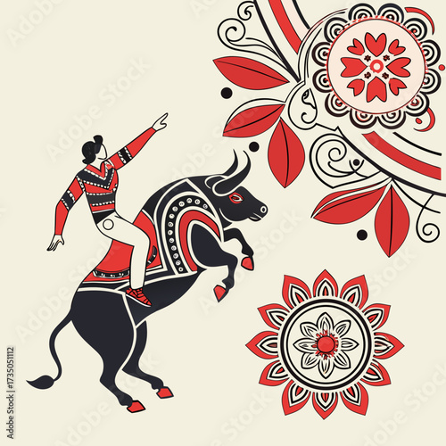 Stylized illustration of a bull rider in traditional attire with bold red and black floral motifs against a cream background