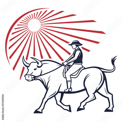 Stylized illustration of a bull rider with a sunburst symbol in the background representing power and tradition
