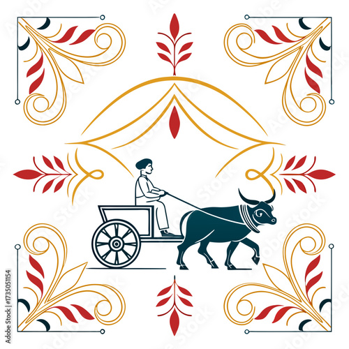Traditional indian man driving bullock cart with decorative floral border and motifs in red and gold colors