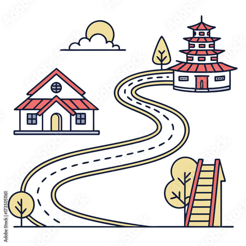 Winding road leading to traditional asian pagoda and modern house with sun and clouds overhead