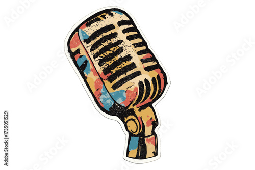 Retro microphone pop art collage paper sticker. Grunge halftone mike illustration for musician performance, concert or podcast. Vector for punk rock music or karaoke night party.