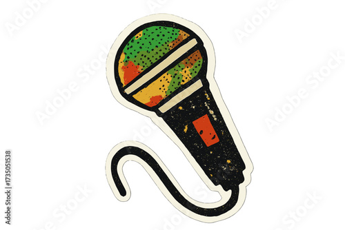 Karaoke microphone grunge pop art collage. Halftone mike paper sticker. Musician performance element. Vector illustration with punk rock aesthetics. Retro music concept design.