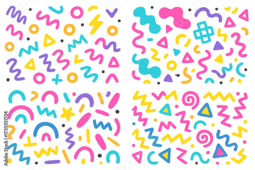 Vibrant playful 90s and 00s seamless patterns, colorful abstract scribbles and shapes, creative vivid background collection, fun childlike vector textures for kids design