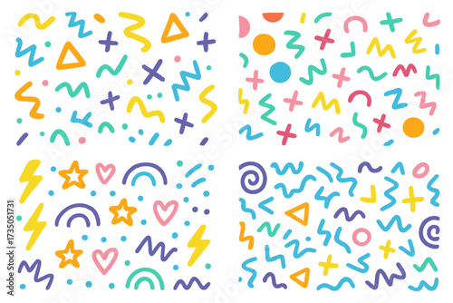 Set of fun colorful 90s and 00s seamless patterns, vivid creative abstract backgrounds, playful kids scribble textures, simple vector childish prints, retro doodle design collection