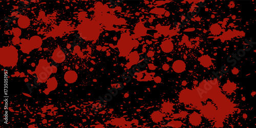 Red blood splatter sprinkle seamless pattern. Ink drops and dots on black background. Vector Halloween horror backdrop. Endless dribble drizzle texture. Wrapping paper, fabric design, Vector