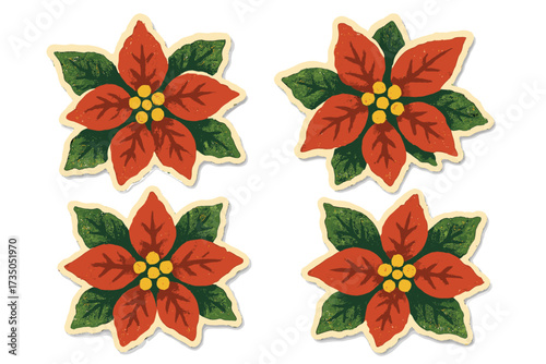 Vintage Christmas poinsettia flower stickers in naive collage style with torn paper texture, green leaves and red petals, traditional holiday festive decoration illustration