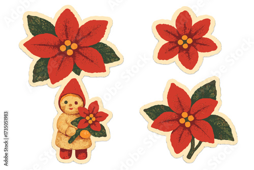 Vintage Christmas sticker set with cute clay toy holding bright red poinsettia flowers, torn paper texture collage style, naive halftone vector cartoon illustrations for holiday decoration