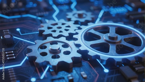 Mechanical gears integrated with electronic circuitry on a blue-toned technological background