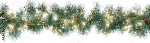 Stylish Christmas garland made of green pine branches adorned with twinkling lights creates festive atmosphere. Perfect for holiday decorations and celebrations