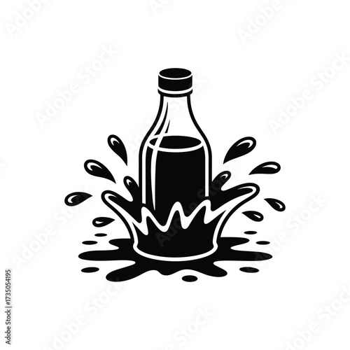 Bottle of dark liquid splashing outward