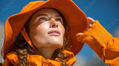 Woman in Orange Hat Gazing Upward on Sunny Day
