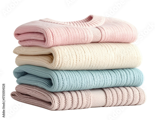 A neatly stacked assortment of folded, soft-colored sweaters