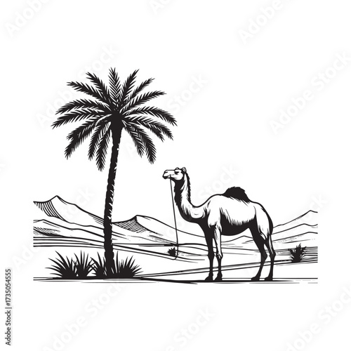 Desert Scene with Camel and Palm Tree