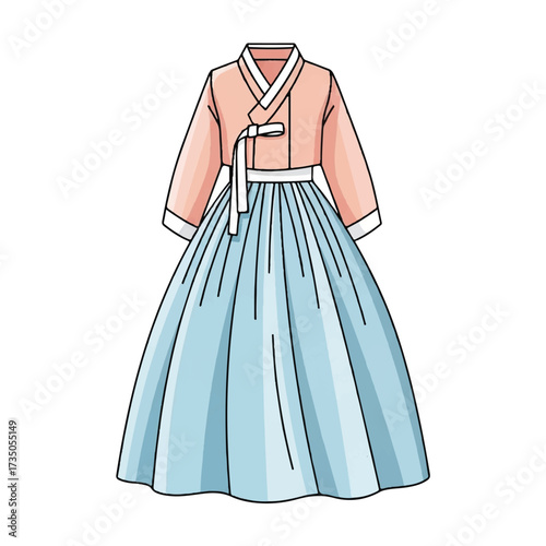 Illustration of a traditional Hanbok dress with a peach-colored top and blue skirt on a white background.