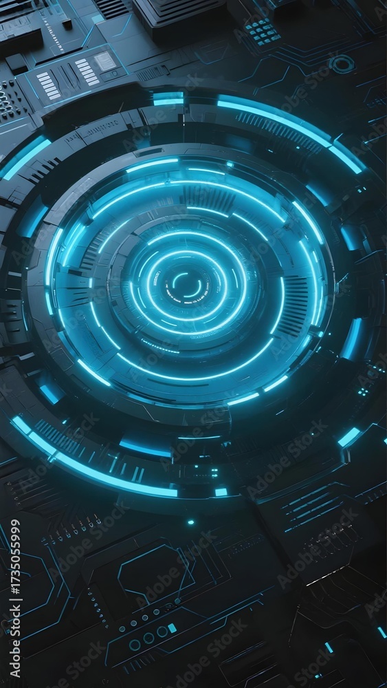 Obraz premium Futuristic digital interface with glowing blue circular patterns and high-tech panel design